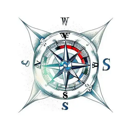 nautical compass with background of mountains and waves tattoo design idea