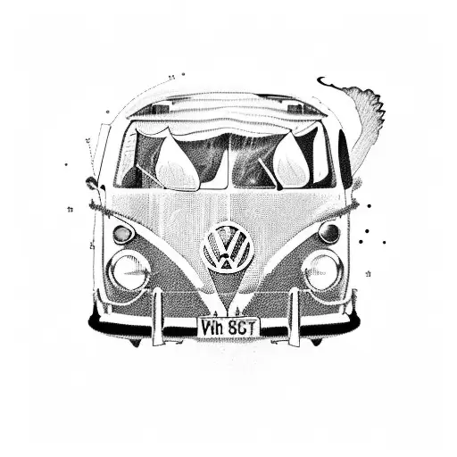 Front view of 1967 VW buss with a rainbow trout driving and an owl in the passenger seat.  tattoo design idea