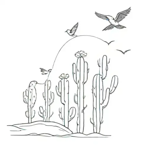 tribute to the family, father, mother and 4 brothers, 2  cactus with 4 different birds  tattoo design idea