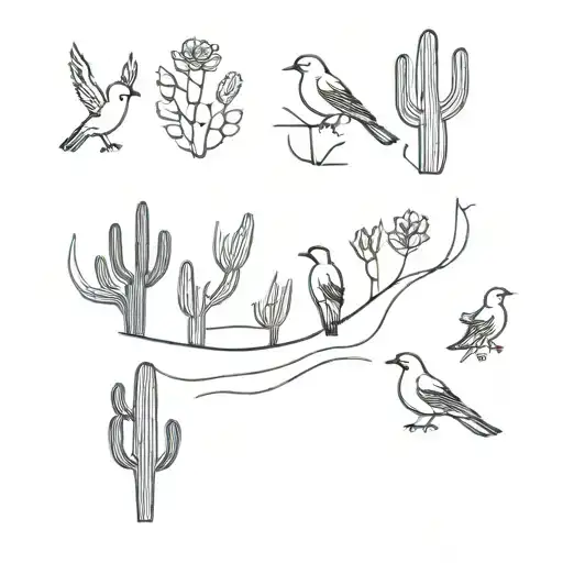 tribute to the family, father, mother and 4 brothers, two cactus with  four different birds  tattoo design idea