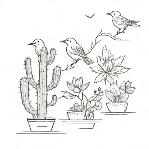 two cactus with  four different birds above her tattoo design idea
