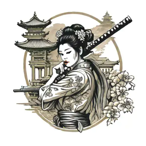 geisha holding a katana with a temple in the background tattoo design idea
