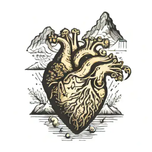 A heart-shaped gold nugget with musical notes and mountain peaks engraved on it tattoo design idea