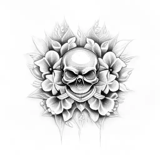 skull, impala horn, baby breaths flower tattoo design idea
