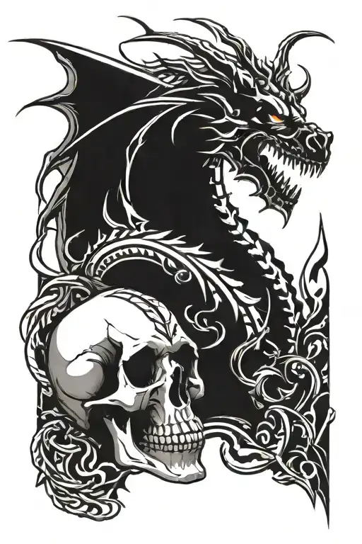 small simple gothic, skull, rock music, dragon. tattoo design idea