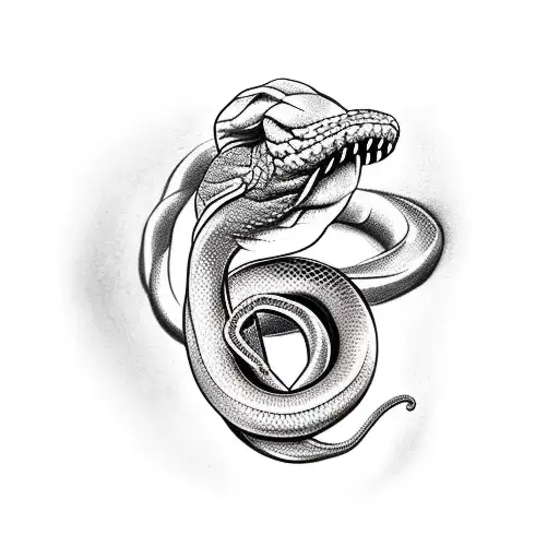 Hand with finger reaching out against a snake reaching it's tung out to the finger tattoo design idea
