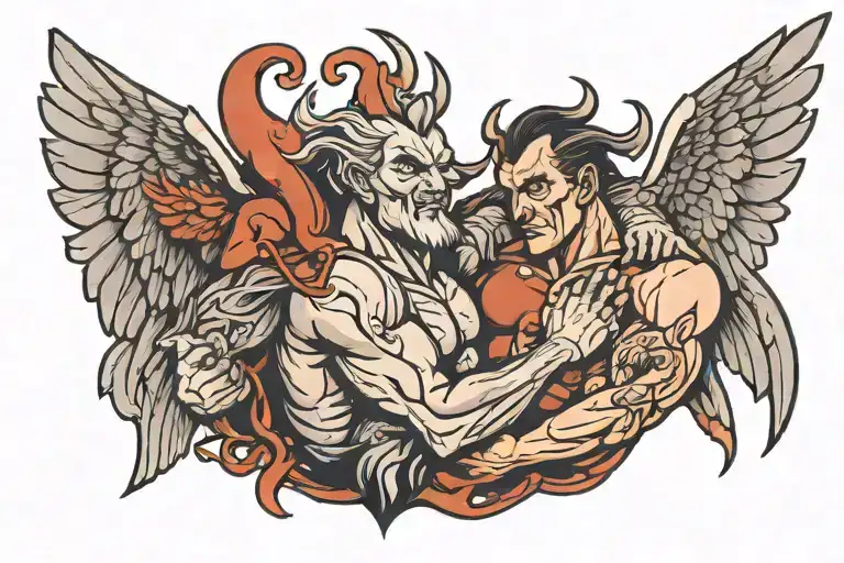 A strong man. Hold the angel's throat in one arm, and the devil's throat in the other. tattoo design idea
