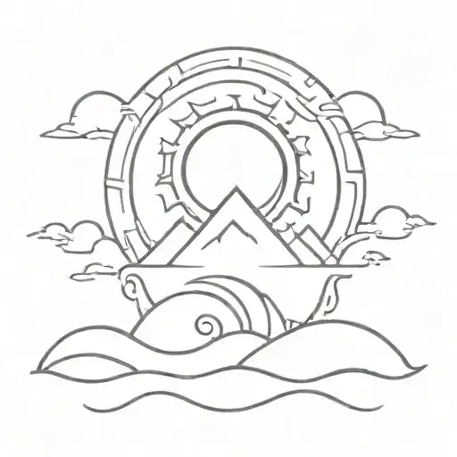 sun and maya temple and wave tattoo design idea