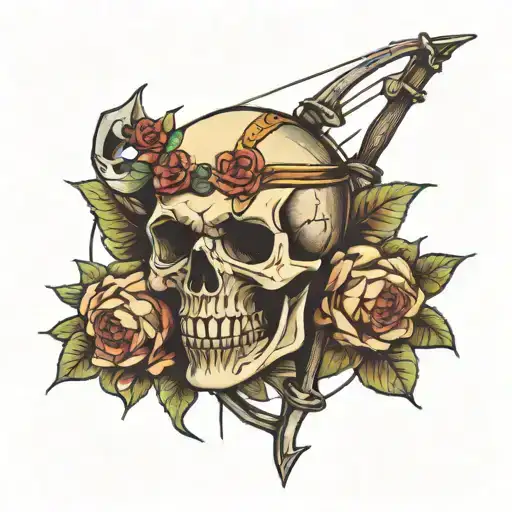 skull and archery bow tattoo design idea