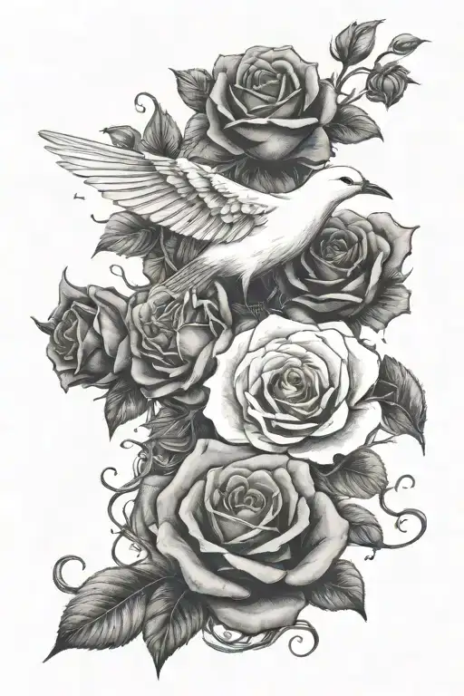 II.XXII.MMXXIV with dead roses falling from it and a white bird flying away  tattoo design idea