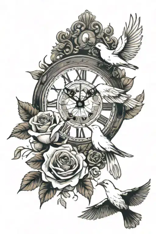 II.XXII.MMXXIV in a clock with dead roses falling from it and a white bird flying away  tattoo design idea