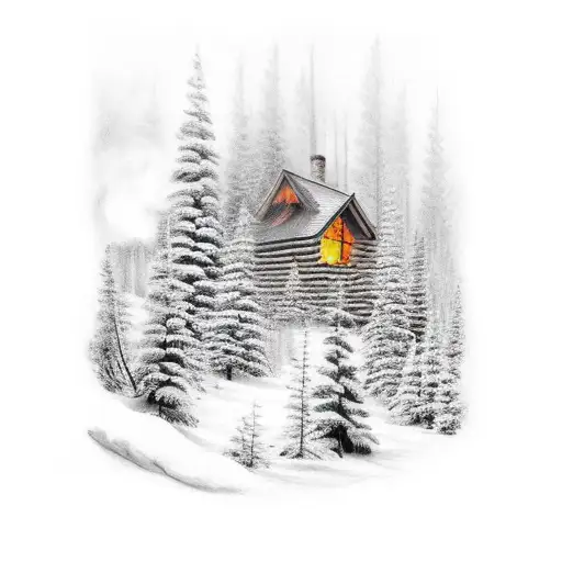 Forest, log cabin, couple, fire place tattoo design idea