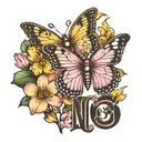 butterfly half flowers initials CAN 1981-2021 pink yellow  tattoo design idea
