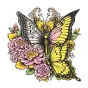 butterfly half flowers initials CAN 1981-2021 pink yellow  tattoo design idea