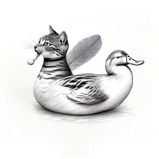A cat and duck cuddling together, surrounded by feathers tattoo design idea