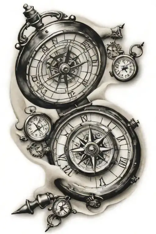 sand clock and compass design tattoo design idea
