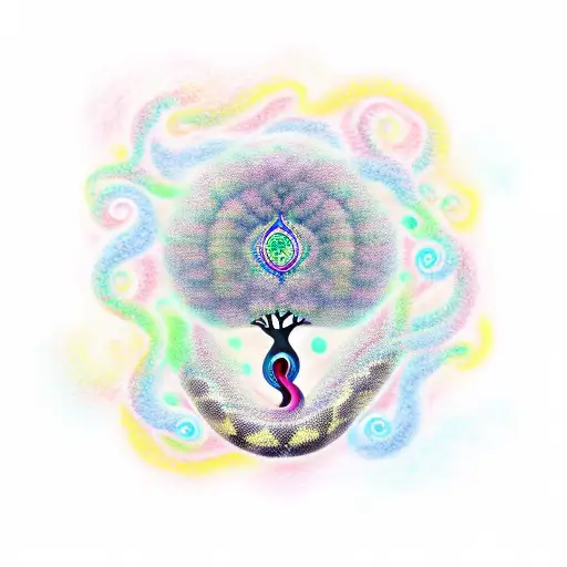woman with Afro, kundalini snake, tree of life tattoo design idea