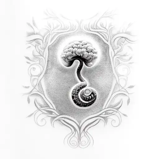 woman with Afro, kundalini snake, tree of life tattoo design idea
