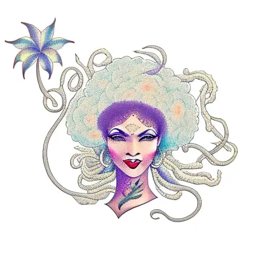 woman with Afro, kundalini snake, tree of life tattoo design idea