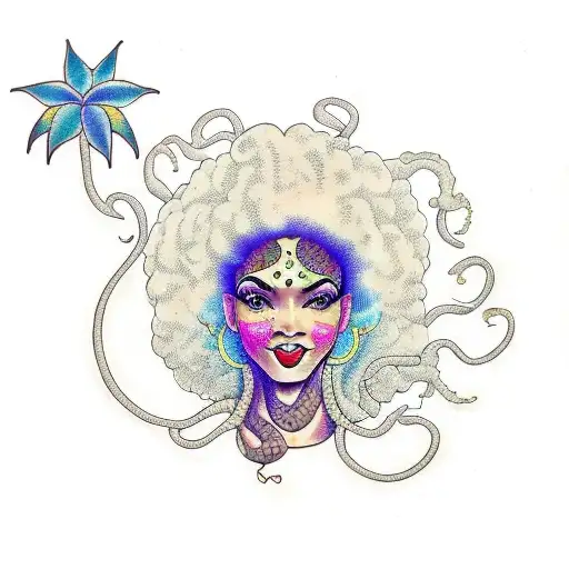 woman with Afro, kundalini snake, tree of life tattoo design idea