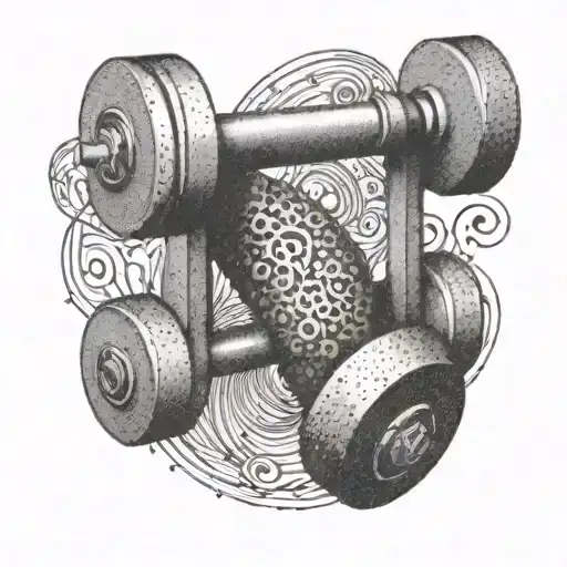 A dotwork tattoo of a gym dumbbell intertwined with music notes, representing the balance between physical fitness and musical passion tattoo design idea