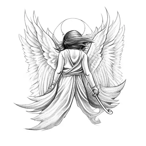 angel with wings holding Excalibur  tattoo design idea