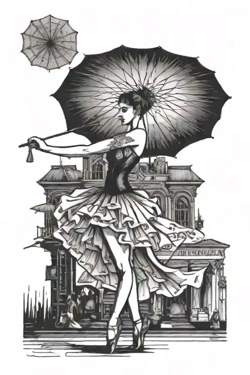 A ballerina posing with a giant umbrella as her prop on stage tattoo design idea