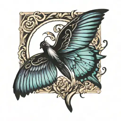 semicolon tatoo with wing attached. One crow wing at the left and one butterfly wings on the right . Mental health tattoo design idea