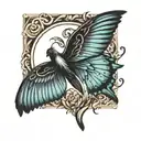 semicolon tatoo with wing attached. One crow wing at the left and one butterfly wings on the right . Mental health tattoo design idea