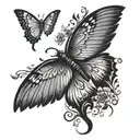 semicolon tatoo with wing attached. One crow wing at the left and one butterfly wings on the right . Mental health tattoo design idea