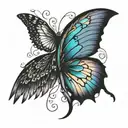 semicolon tatoo with wing attached. One crow wing at the left and one butterfly wings on the right . Mental health tattoo design idea