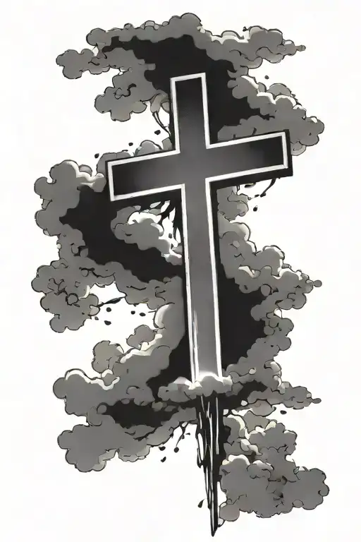 Negative space cross with light shining with Philippians 4:6 under and some clouds tattoo design idea