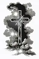 Negative space cross with light shining with Philippians 4:6 under and some clouds tattoo design idea