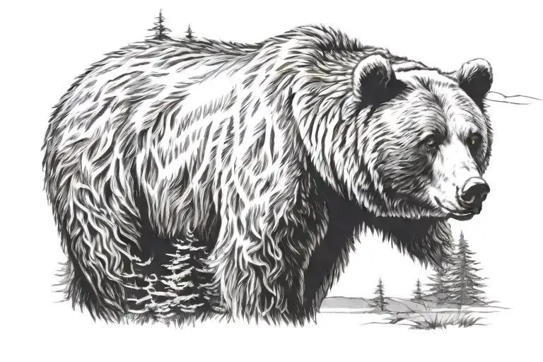 walking grizzly bear head turned looking to right, some forest background  tattoo design idea