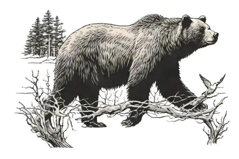 Side view walking grizzly bear, humpback, head turned right, some woods in the background, flying birds tattoo design idea