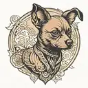 Black and brown small dog with sharp ears and pointed nose with less hair in body.  tattoo design idea