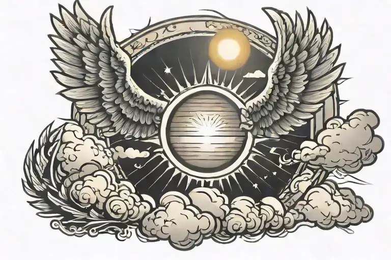 sun shining through clouds with rays on god with wings and saying Isaiah 41-10 tattoo design idea