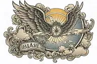 sun shining through clouds with rays on god with wings and saying Isaiah 41-10 tattoo design idea