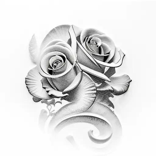 Greek sculpture with clouds in the background and roses tattoo design idea