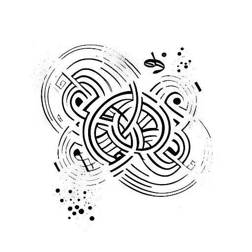 A sleeve tattoo design with a guitar, triskel symbol, and musical notes intertwined tattoo design idea