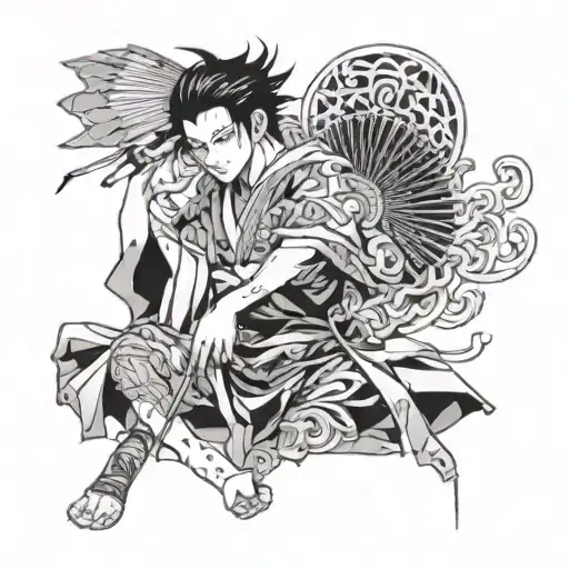 Shī Wúdù face, holds a fan and covers the floor of his face, a thin and beautiful hand is visible on the fan, tattoo design idea