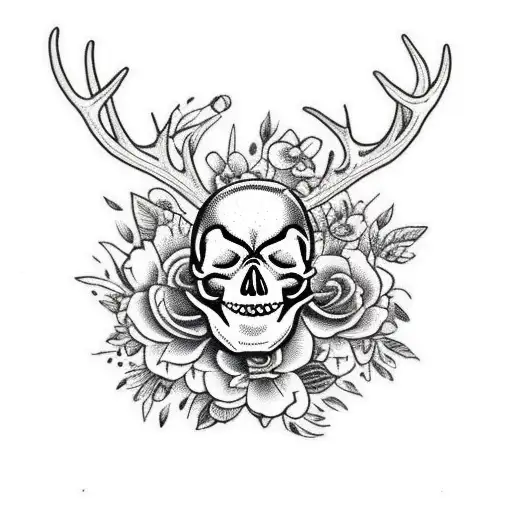 skull of deer with flowers tattoo design idea