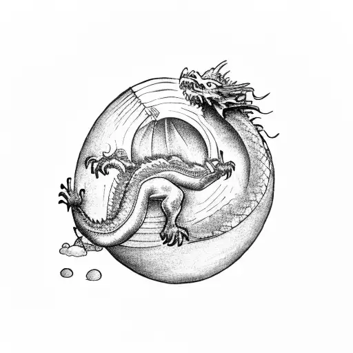Dragon circling around it's egg which has the word "KID" written on it and the dragon has "Karma written along its curve tattoo design idea