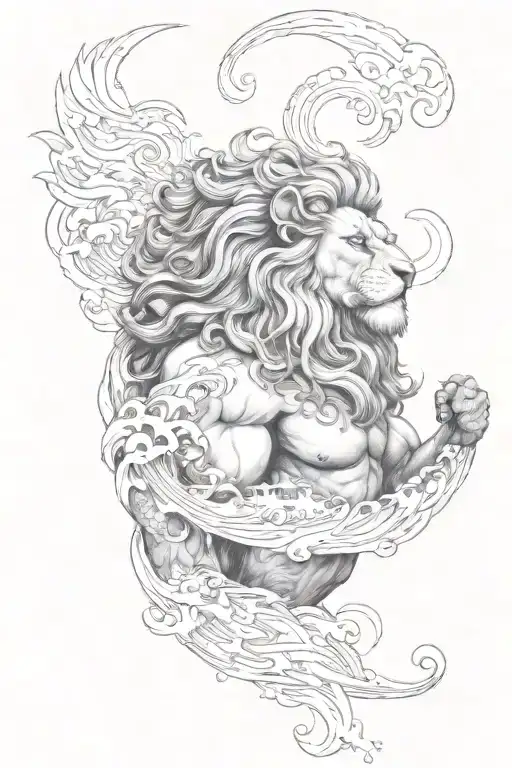 A full sleeve tattoo design with Zeus on the upper arm and a lion on the lower arm. The transition between them is waves tattoo design idea