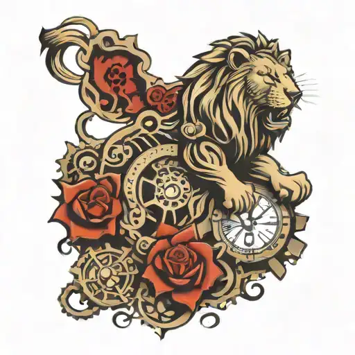Roaring lion with pocket watch surrounded by gears tattoo design idea