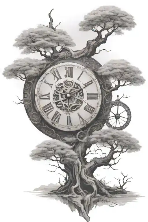 A broken clock in a bodhi tree surrounded by enso circle add compass  tattoo design idea