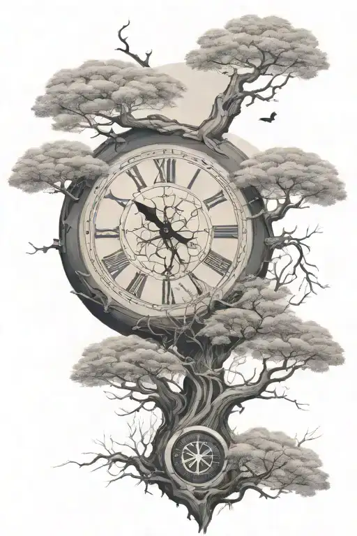 A broken clock in a bodhi tree surrounded by enso circle add compass at base of tree   tattoo design idea