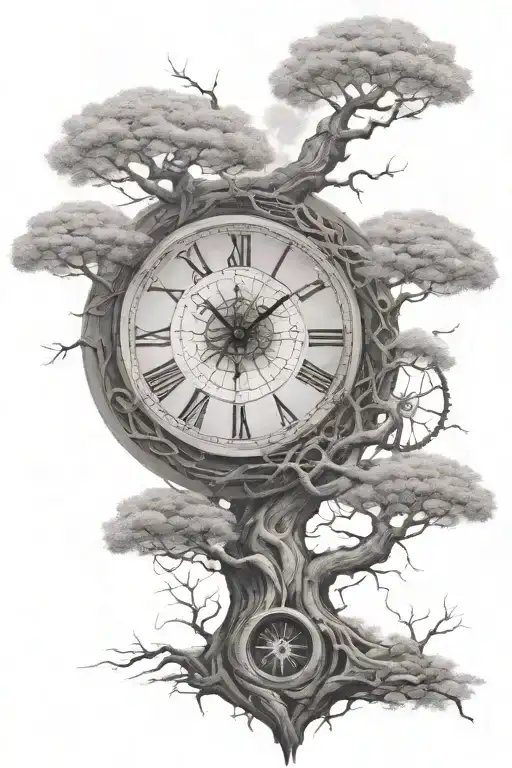 A broken clock in a bodhi tree surrounded by enso circle add large  compass at base of tree   tattoo design idea