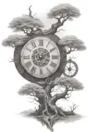 A broken clock in a bodhi tree surrounded by enso circle add compass  tattoo design idea