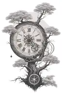 A broken clock in a bodhi tree surrounded by enso circle add compass  tattoo design idea